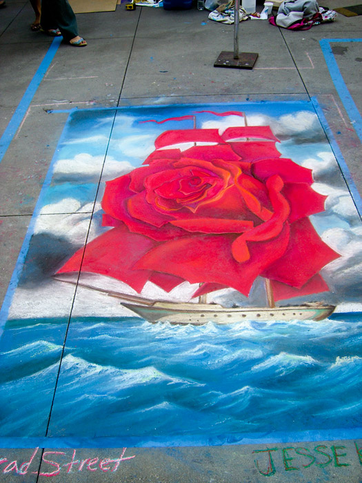 Chalk Drawing - rose and boat